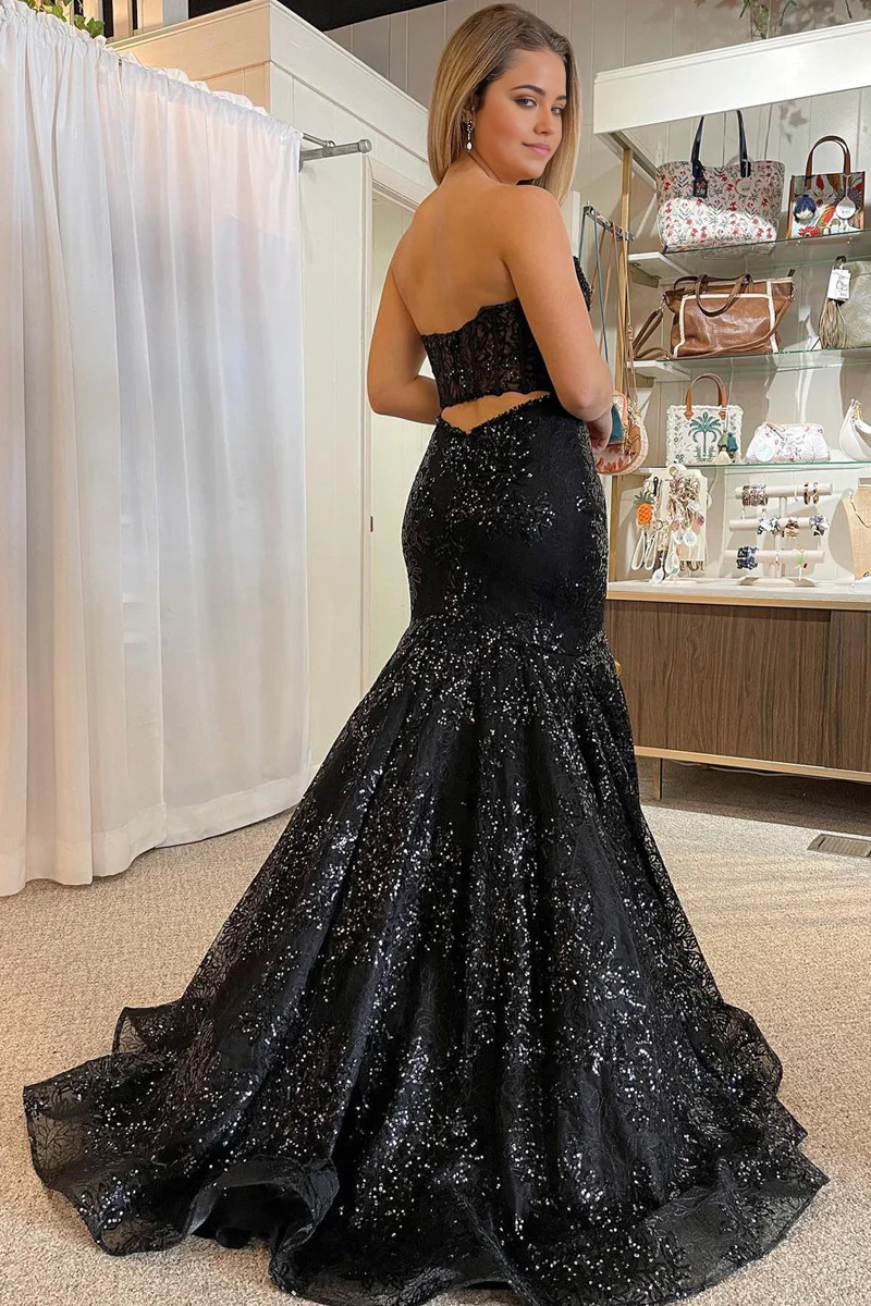Mermaid Cute Sweetheart Black Sequins Lace Prom Dresses with Sleeves